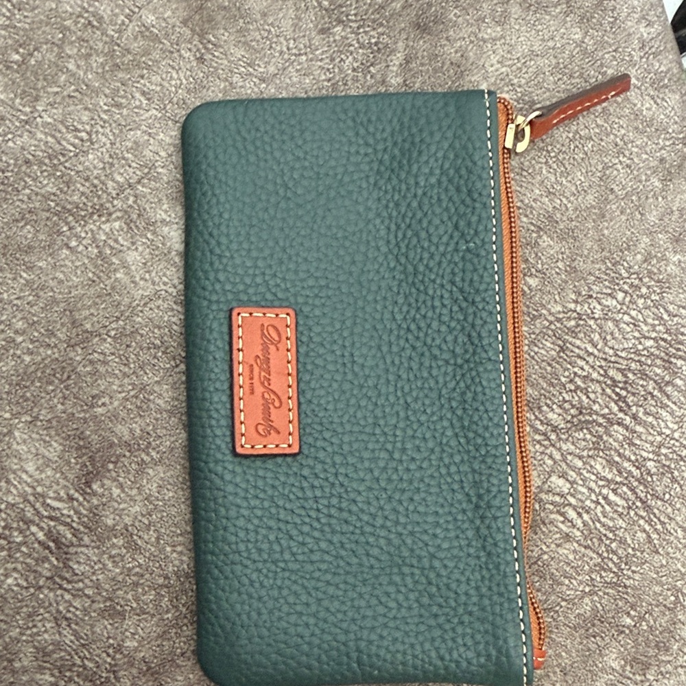 Dooney & Bourke Forest Green Pebbled Leather Zip Wallet with Brown Trim